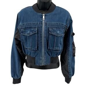 True Religion Jean Jacket WMNS M Blue Denim Crop Full Zip Cargo Row Seat Stretch